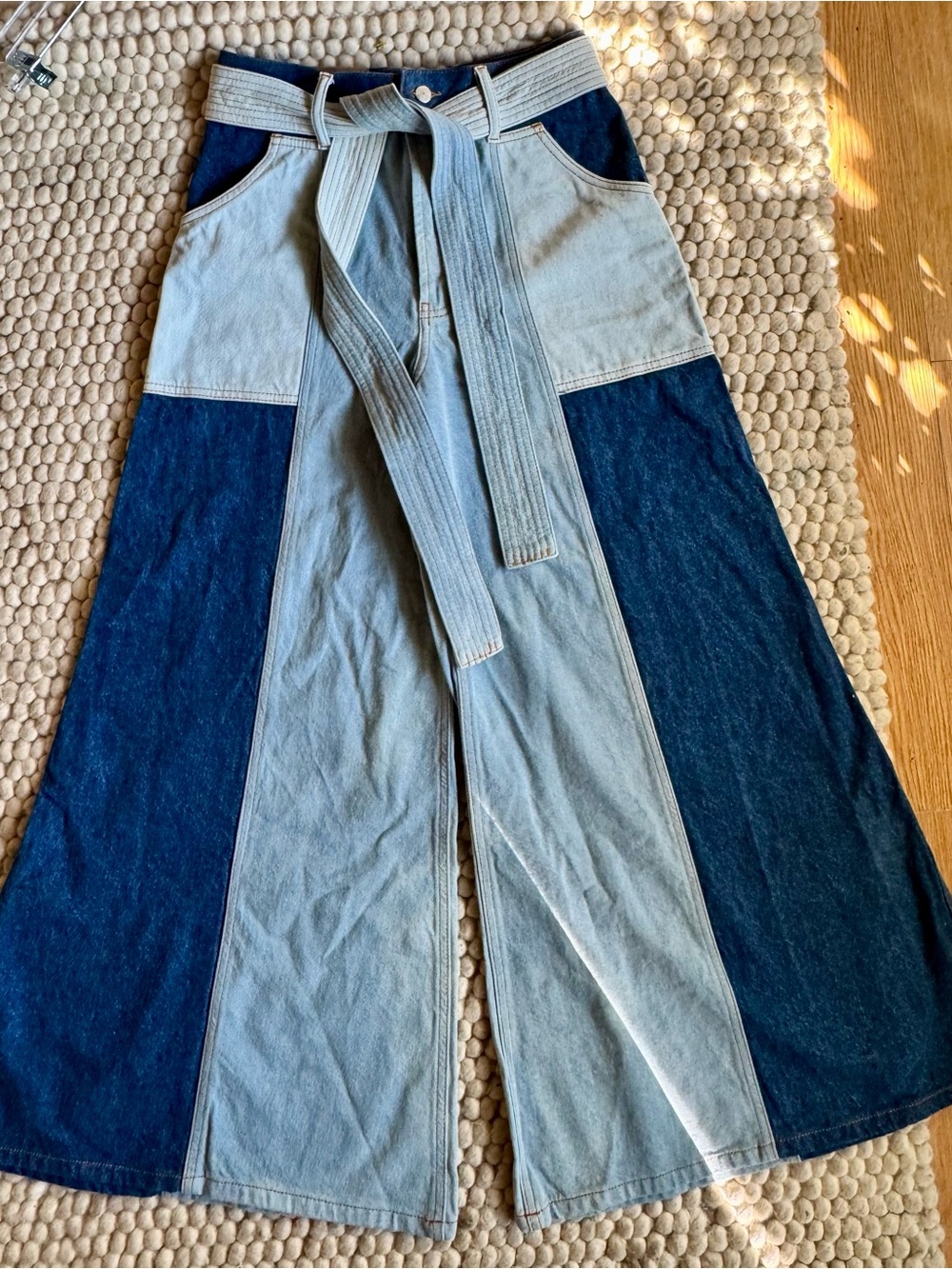 FARM Rio Two-Tone Light & Dark Blue Wide Leg Denim Pants with Waist Tie
